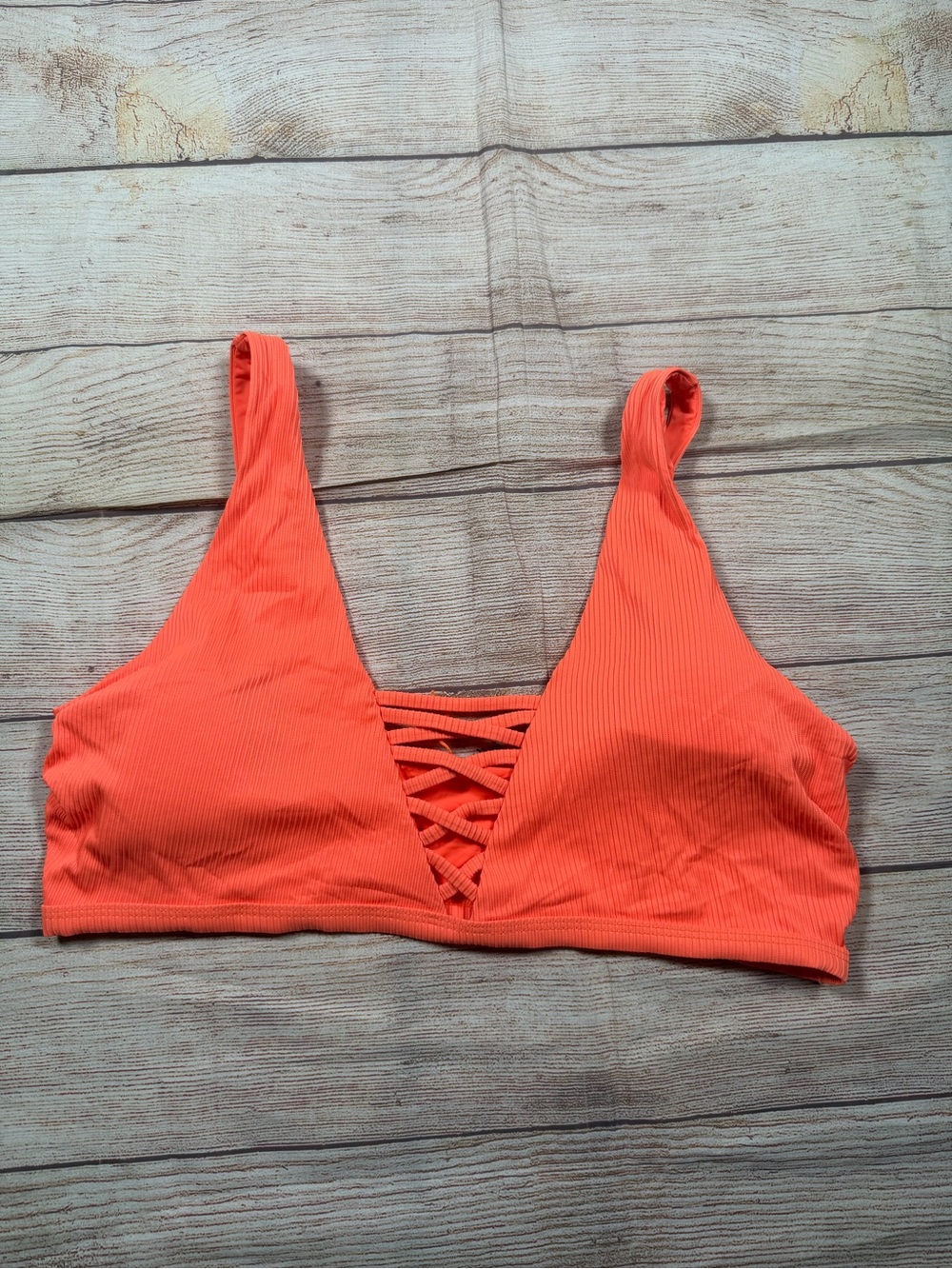 Women's Orange Lace-Front‎ Ribbed Bikini Top